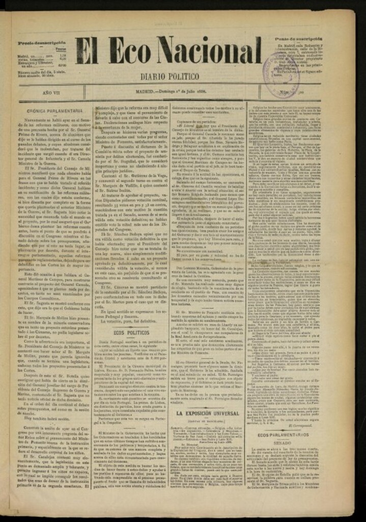 Miniatura de El Eco Nacional de 1 de julio de 1888, nº 2300