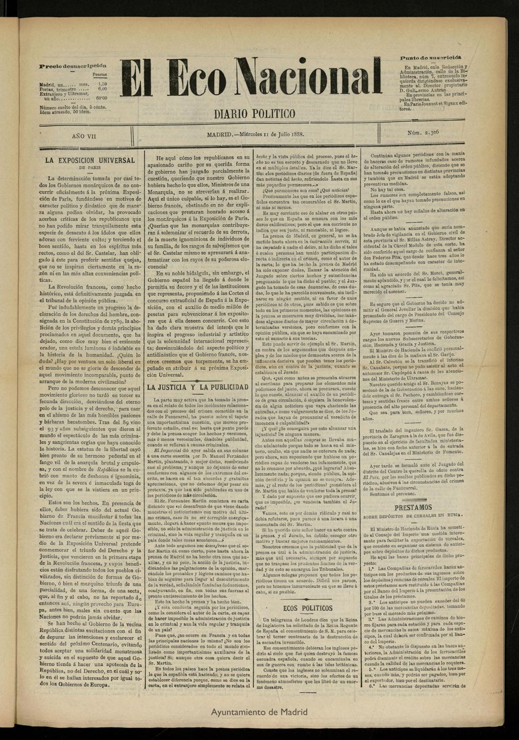 Miniatura de El Eco Nacional de 11 de julio de 1888, nº 2306
