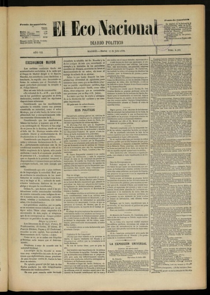 Miniatura de El Eco Nacional de 17 de julio de 1888, nº 2309