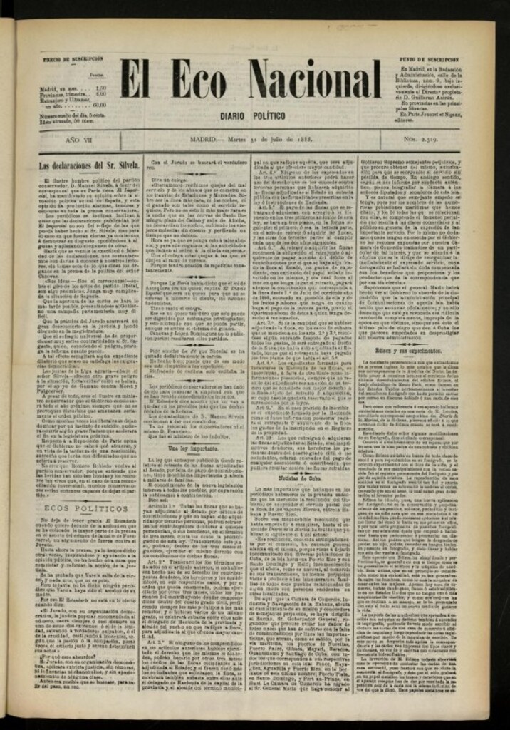 Miniatura de El Eco Nacional de 31 de julio de 1888, nº 2319