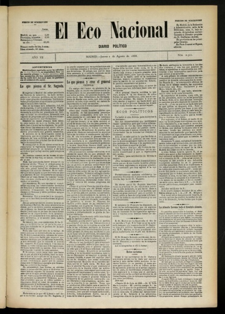 Miniatura de El Eco Nacional de 2 de agosto de 1888, nº 2321
