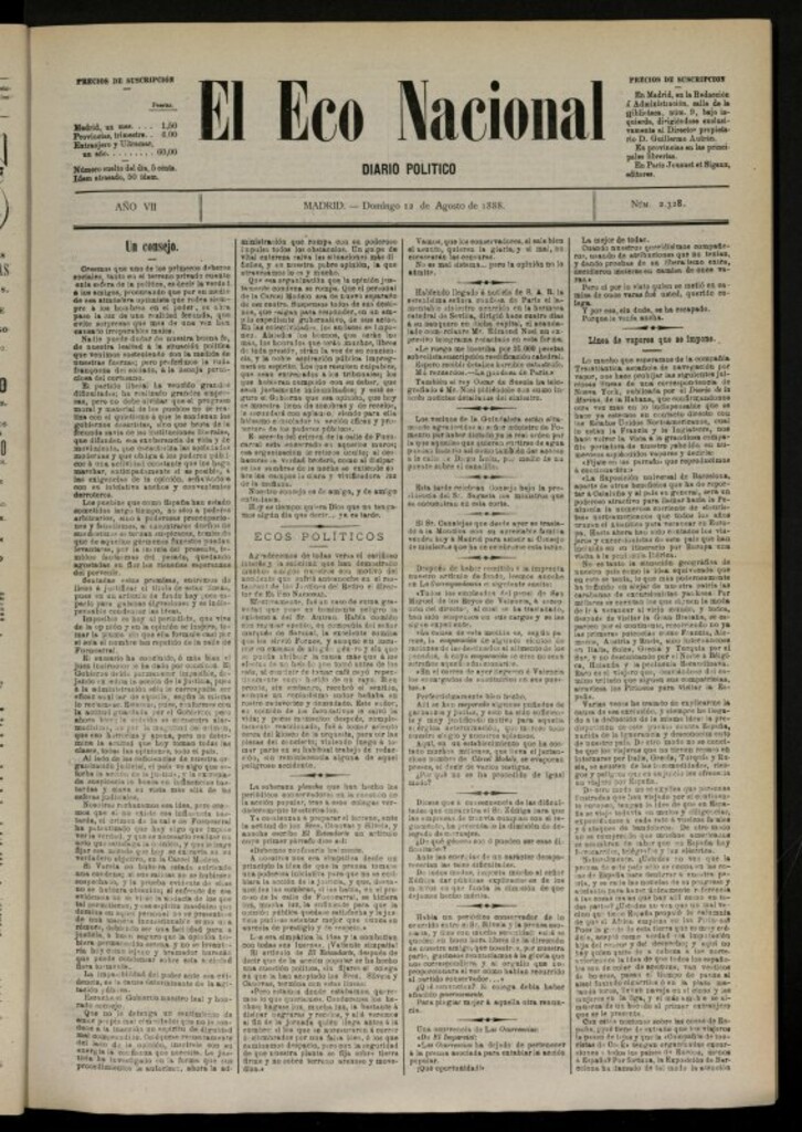 Miniatura de El Eco Nacional de 12 de agosto de 1888, nº 2328