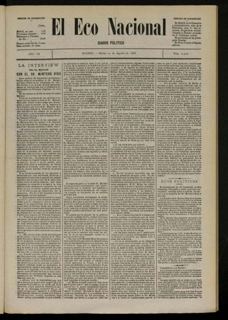 Miniatura de El Eco Nacional de 14 de agosto de 1888, nº 2329