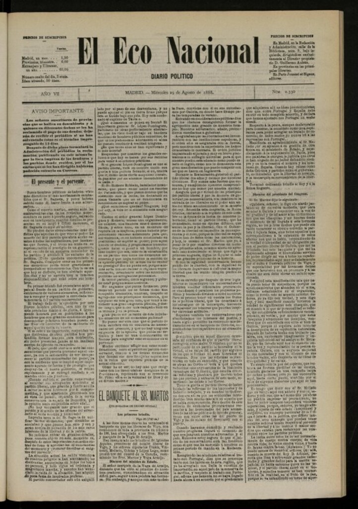 Miniatura de El Eco Nacional de 29 de agosto de 1888, nº 2330 [sic]