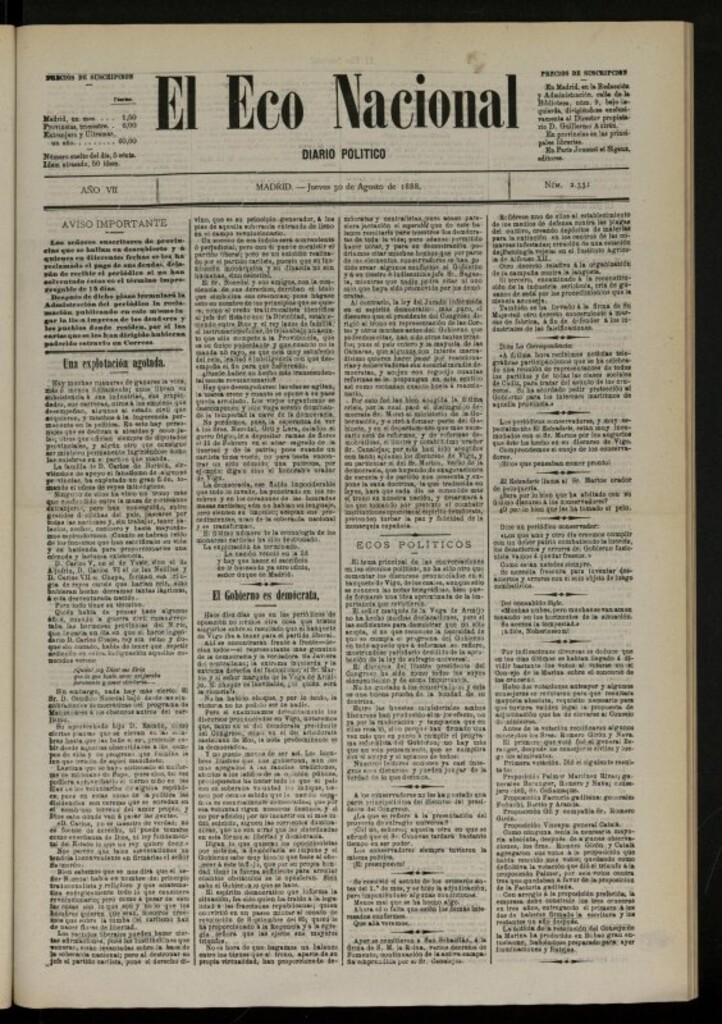 Miniatura de El Eco Nacional de 30 de agosto de 1888, nº 2331 [sic]