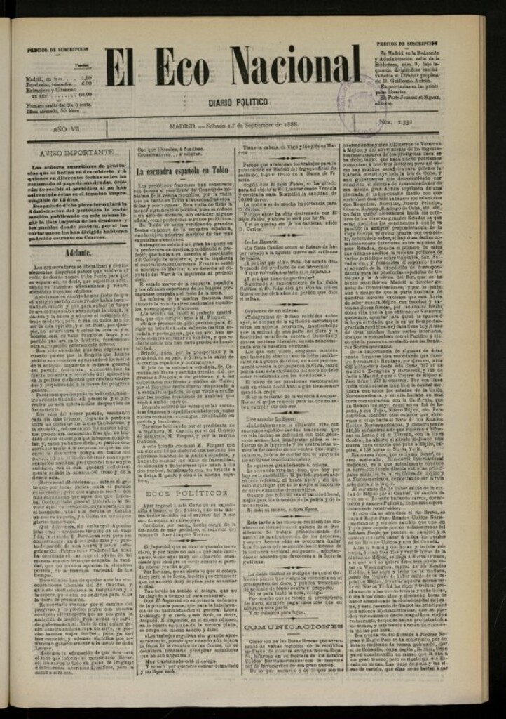 Miniatura de El Eco Nacional de 1 de septiembre de 1888, nº 2332 [sic]