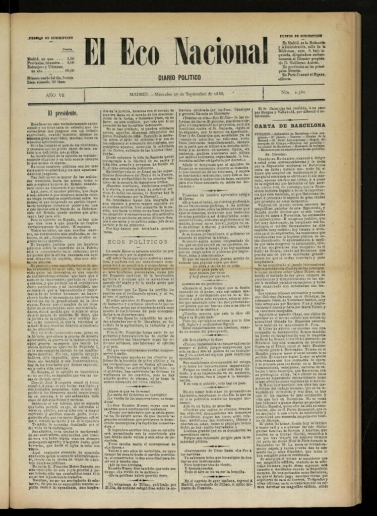 Miniatura de El Eco Nacional de 26 de septiembre de 1888, nº 2360