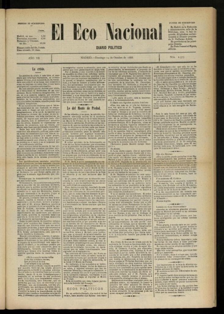 Miniatura de El Eco Nacional de 14 de octubre de 1888, nº 2373