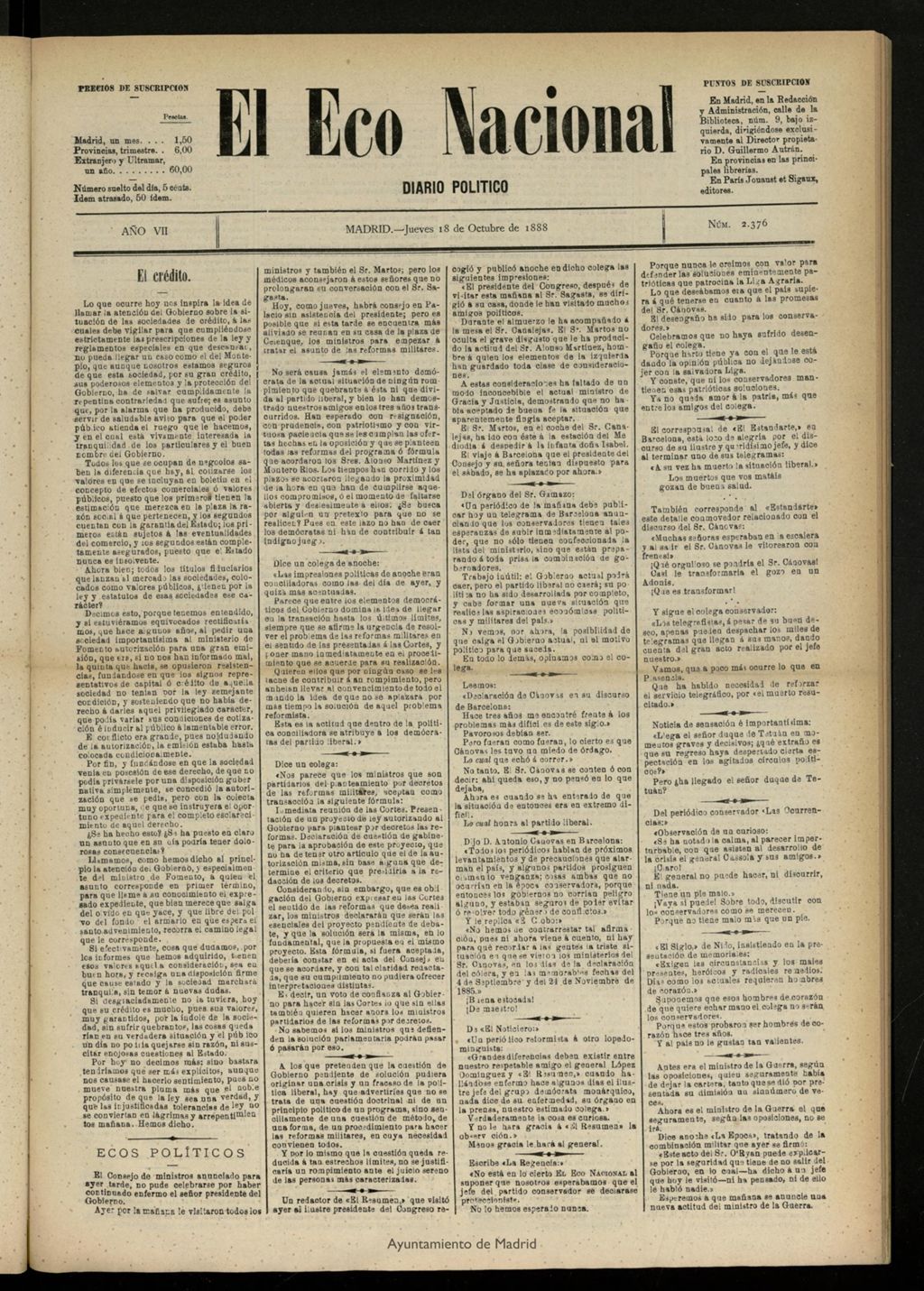 Miniatura de El Eco Nacional de 18 de octubre de 1888, nº 2376