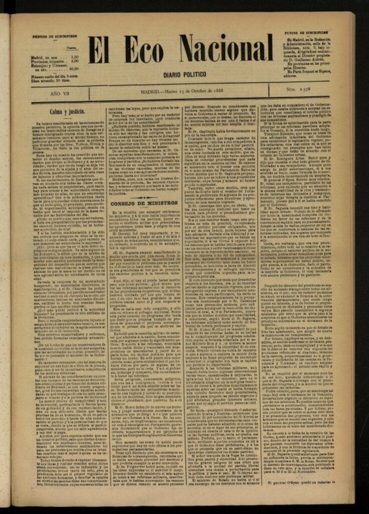 Miniatura de El Eco Nacional de 23 de octubre de 1888, nº 2378 [sic]