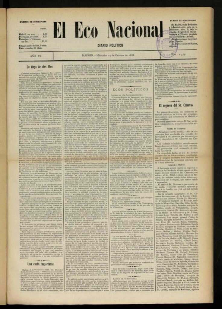 Miniatura de El Eco Nacional de 24 de octubre de 1888, nº 2379