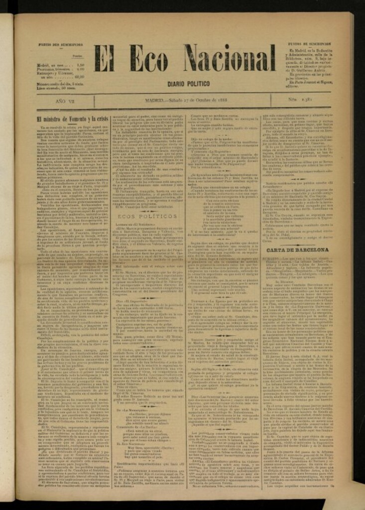 Miniatura de El Eco Nacional de 27 de octubre de 1888, nº 2381