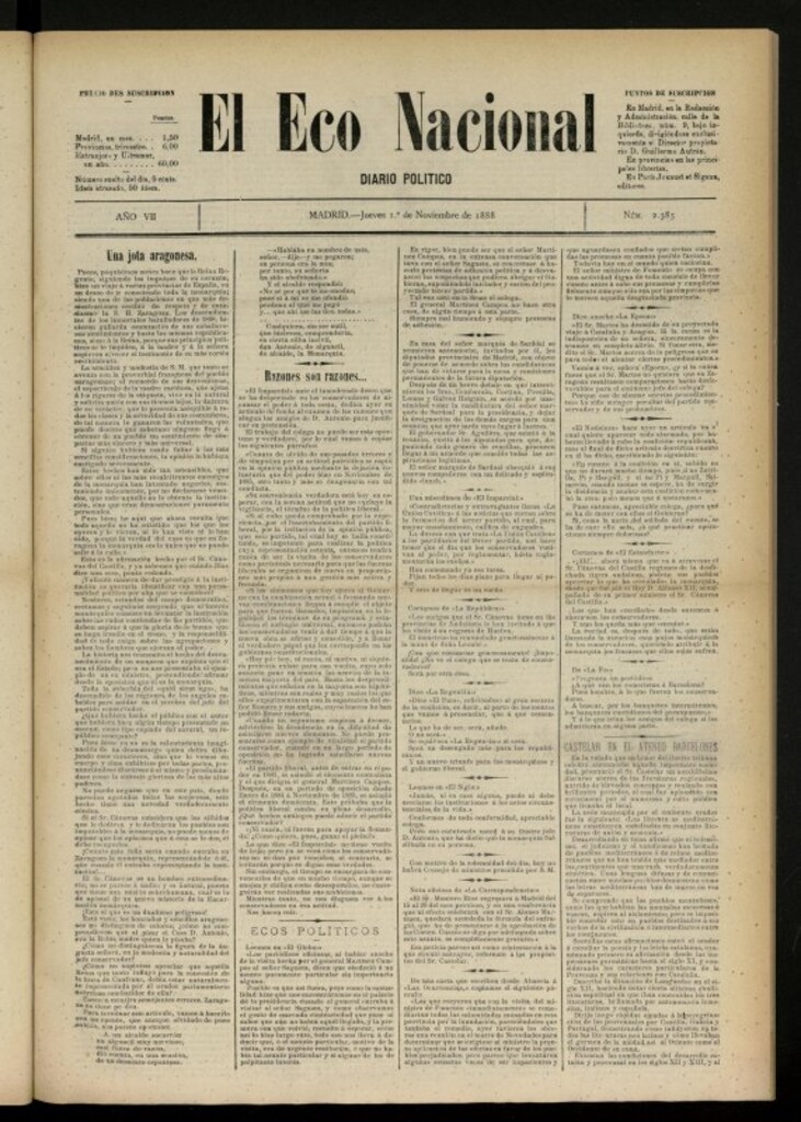 Miniatura de El Eco Nacional de 1 de noviembre de 1888, nº 2385