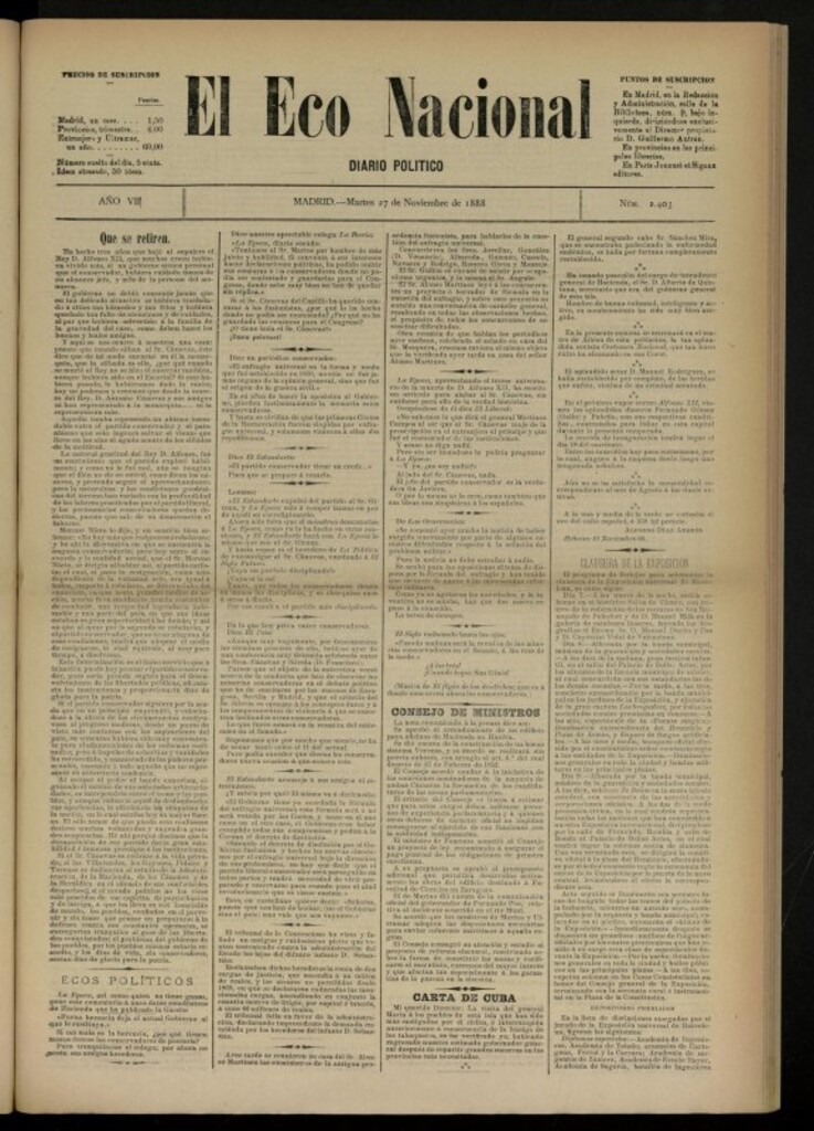 Miniatura de El Eco Nacional de 27 de noviembre de 1888, nº 2403