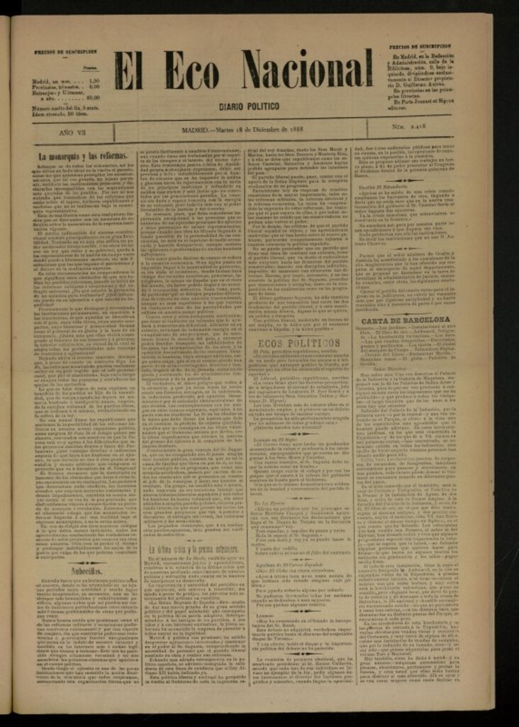 Miniatura de El Eco Nacional de 18 de diciembre de 1888, nº 2418