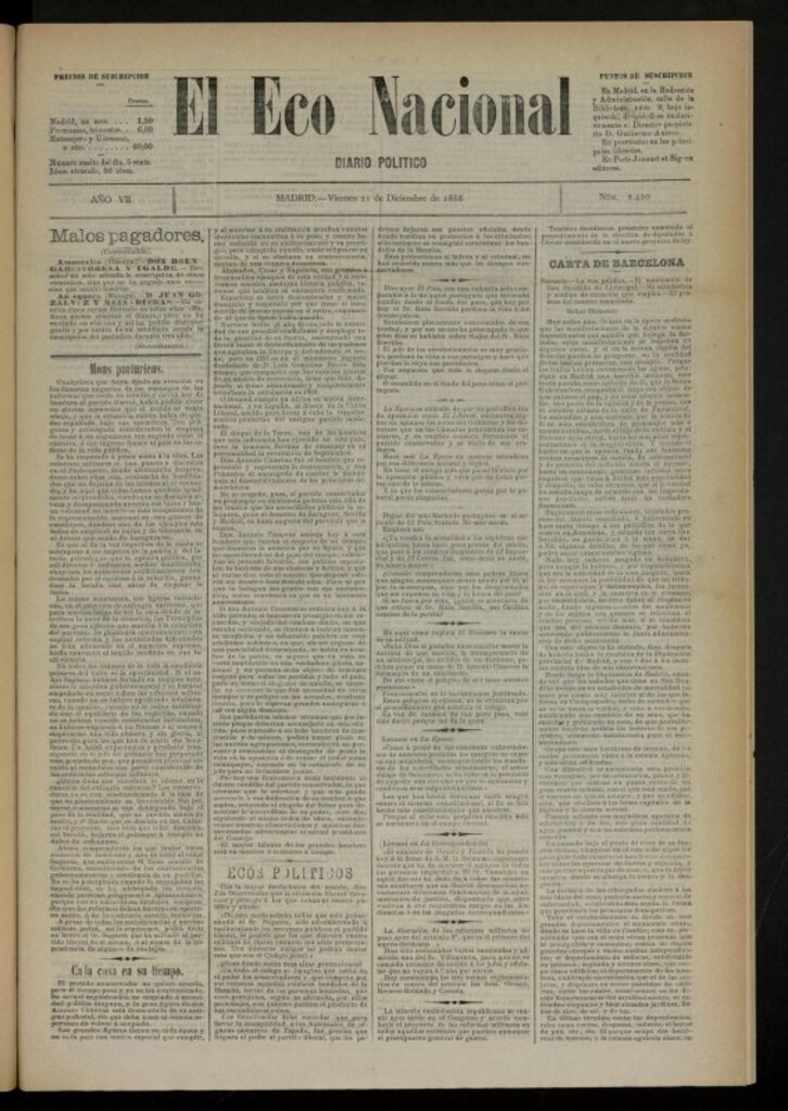 Miniatura de El Eco Nacional de 21 de diciembre de 1888, nº 2420