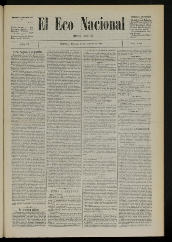 Miniatura de El Eco Nacional de 23 de diciembre de 1888, nº 2422