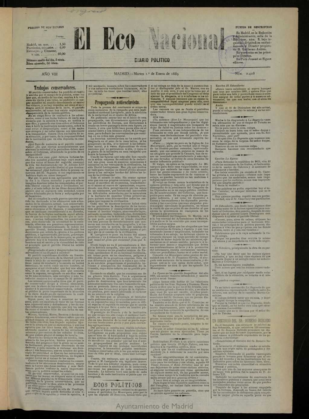Miniatura de El Eco Nacional de 1 de enero de 1889, nº 2428