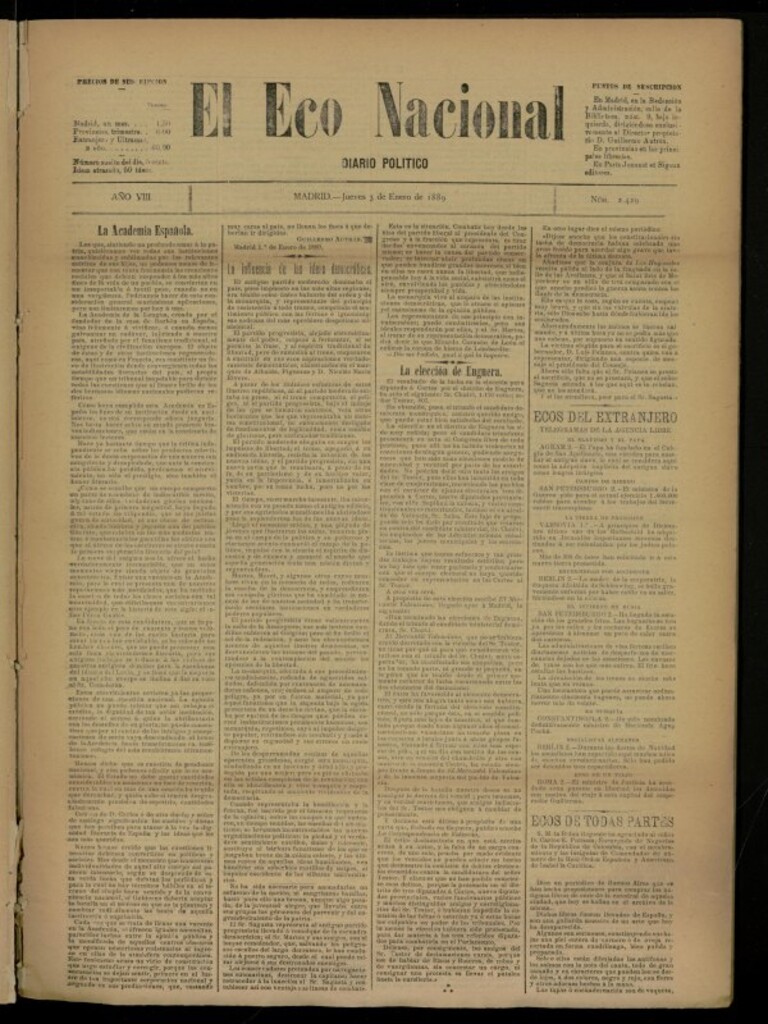 Miniatura de El Eco Nacional de 3 de enero de 1889, nº 2429