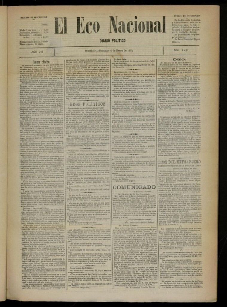 Miniatura de El Eco Nacional de 6 de enero de 1889, nº 2432