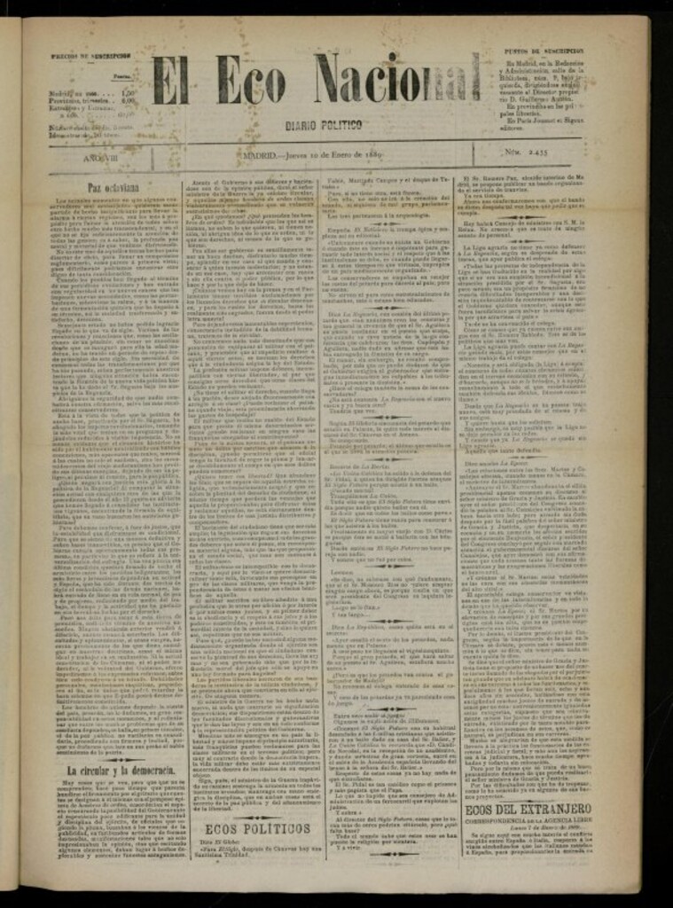 Miniatura de El Eco Nacional de 10 de enero de 1889, nº 2435