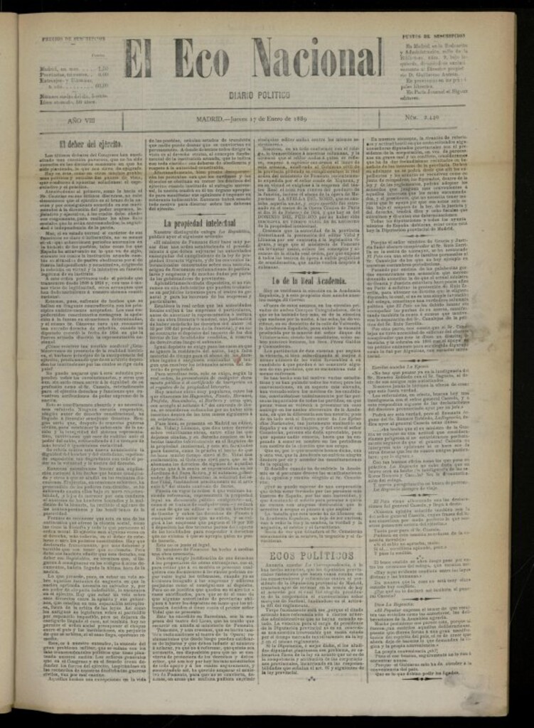 Miniatura de El Eco Nacional de 17 de enero de 1889, nº 2440