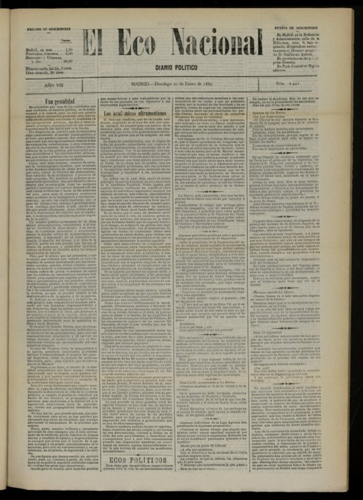 Miniatura de El Eco Nacional de 20 de enero de 1889, nº 2442