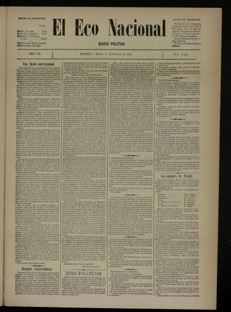 Miniatura de El Eco Nacional de 12 de febrero de 1889, nº 2459