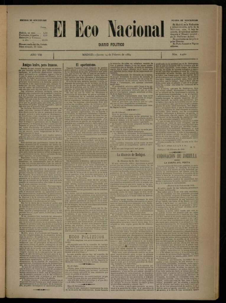 Miniatura de El Eco Nacional de 14 de febrero de 1889, nº 2460