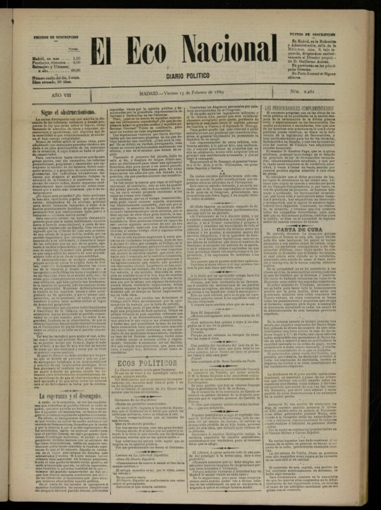 Miniatura de El Eco Nacional de 15 de febrero de 1889, nº 2461