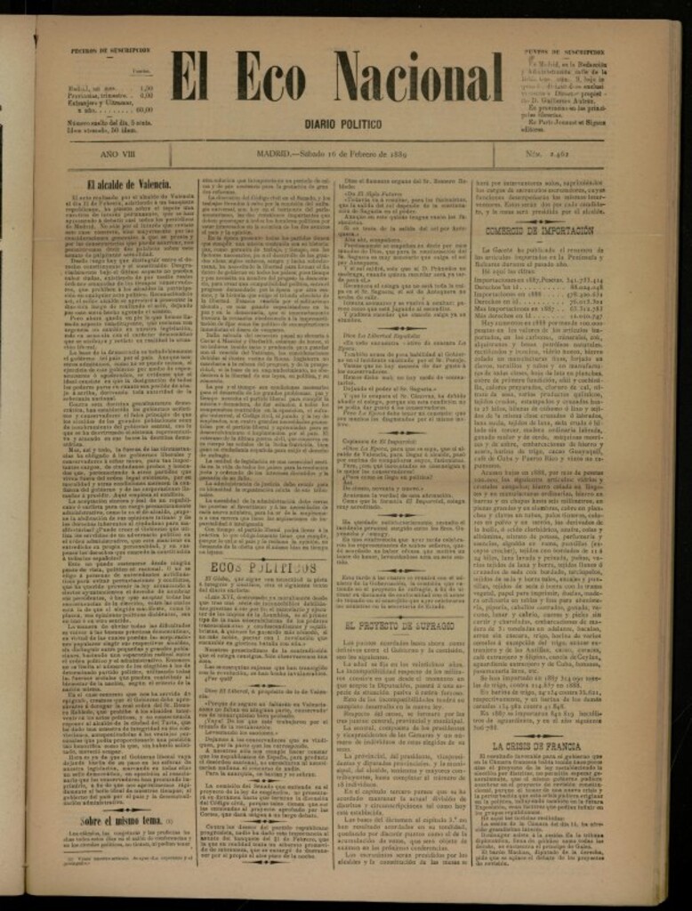 Miniatura de El Eco Nacional de 16 de febrero de 1889, nº 2462