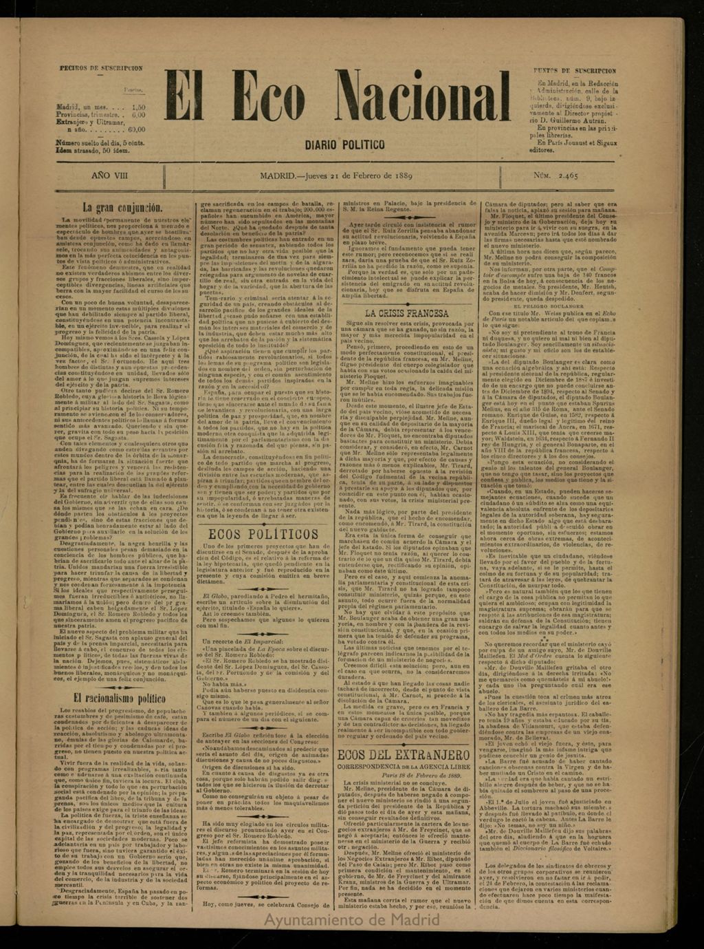 Miniatura de El Eco Nacional de 21 de febrero de 1889, nº 2465