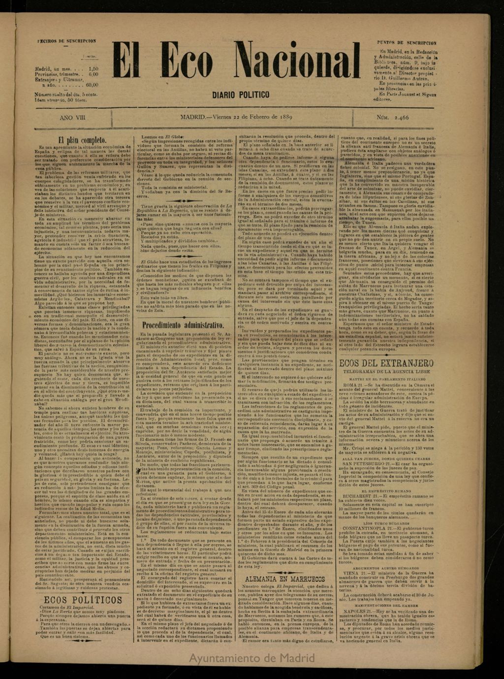 Miniatura de El Eco Nacional de 22 de febrero de 1889, nº 2466