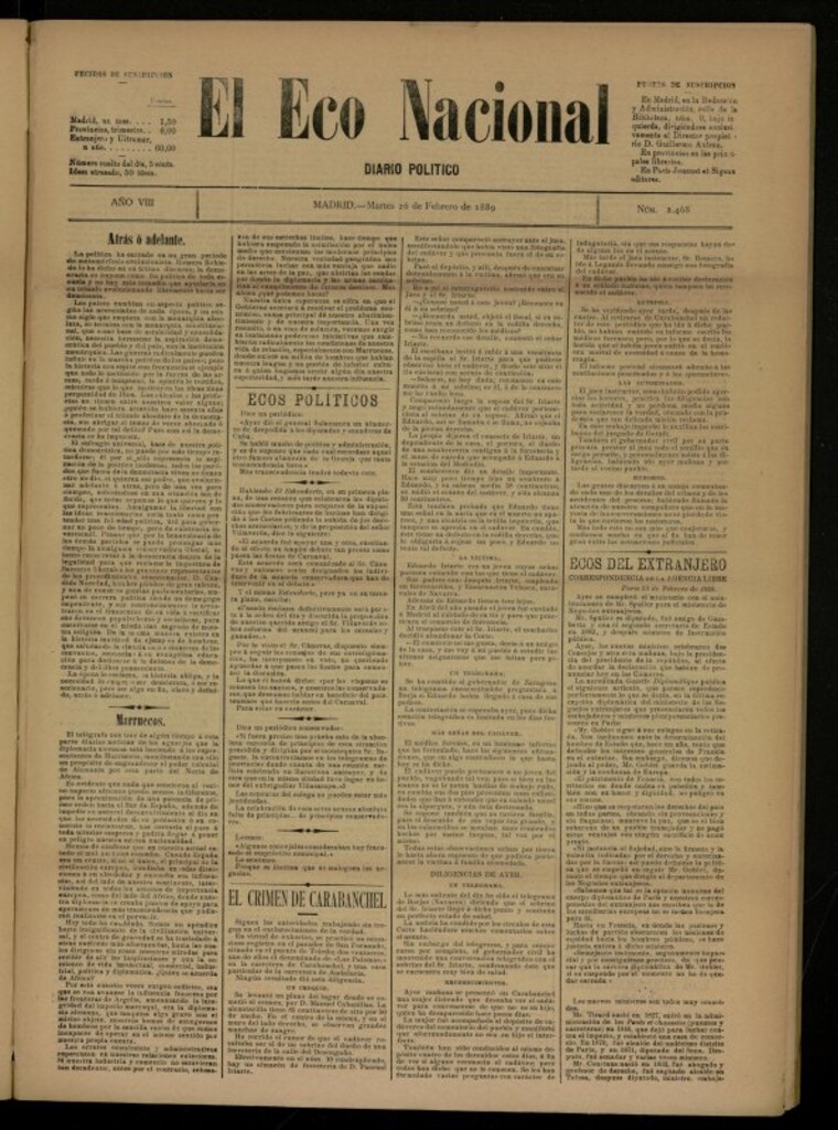 Miniatura de El Eco Nacional de 26 de febrero de 1889, nº 2468