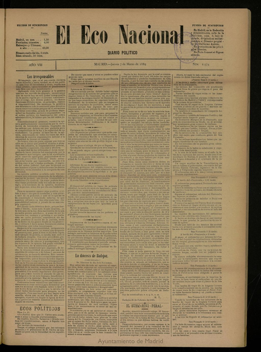 Miniatura de El Eco Nacional de 7 de marzo de 1889, nº 2474