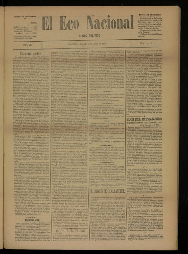 Miniatura de El Eco Nacional de 9 de marzo de 1889, nº 2476