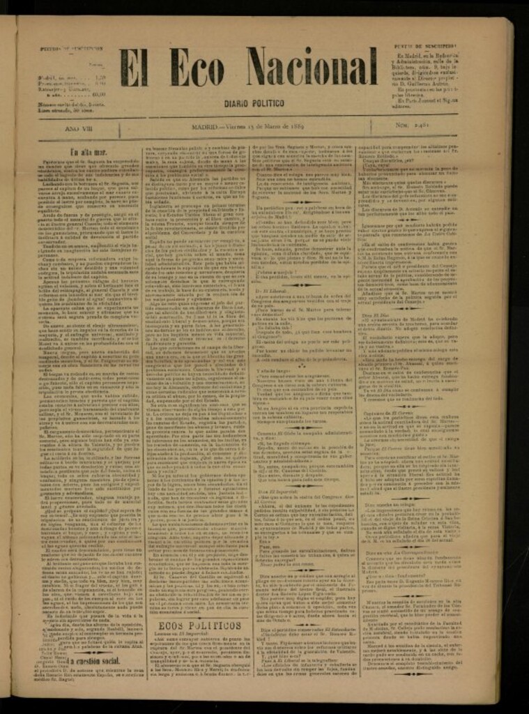 Miniatura de El Eco Nacional de 15 de marzo de 1889, nº 2481
