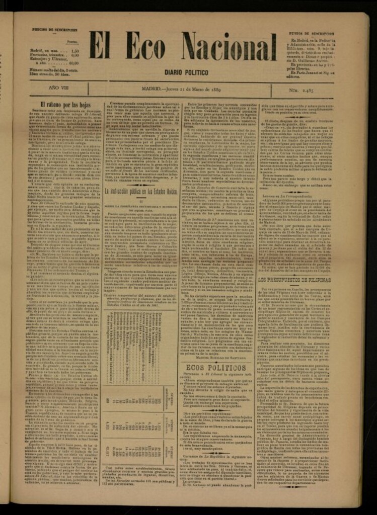 Miniatura de El Eco Nacional de 21 de marzo de 1889, nº 2485