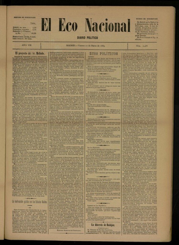 Miniatura de El Eco Nacional de 22 de marzo de 1889, nº 2486