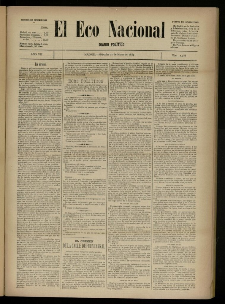 Miniatura de El Eco Nacional de 27 de marzo de 1889, nº 2488