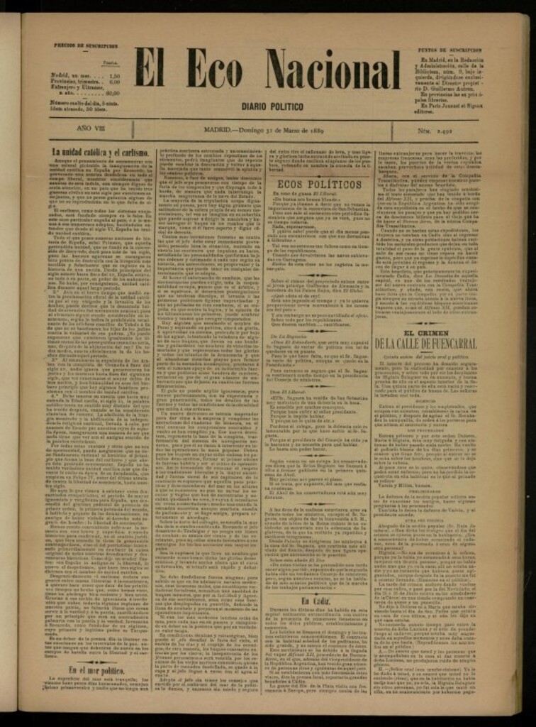 Miniatura de El Eco Nacional de 31 de marzo de 1889, nº 2492