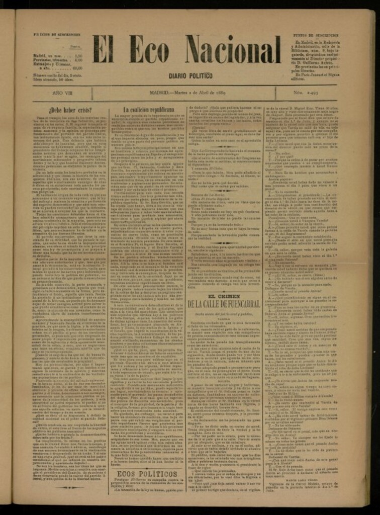 Miniatura de El Eco Nacional de 2 de abril de 1889, nº 2493