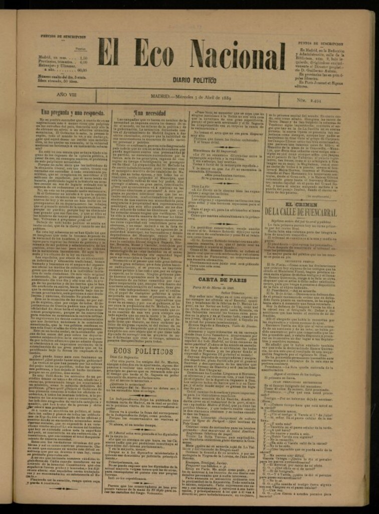 Miniatura de El Eco Nacional de 3 de abril de 1889, nº 2494