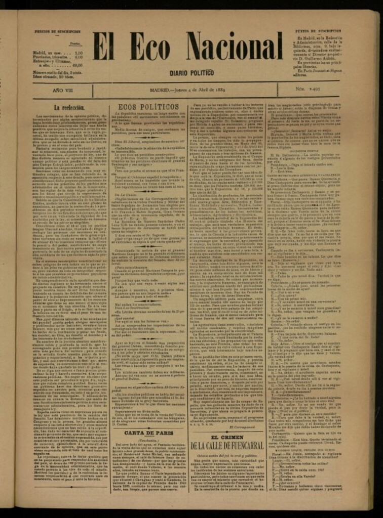 Miniatura de El Eco Nacional de 4 de abril de 1889, nº 2495