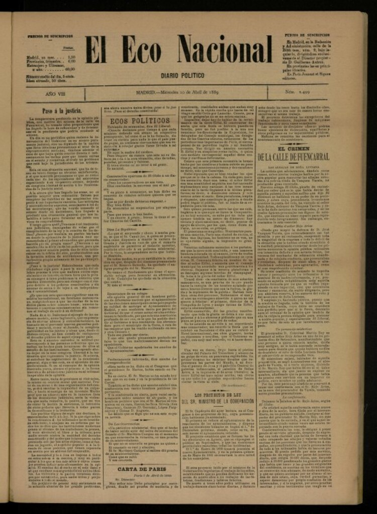 Miniatura de El Eco Nacional de 10 de abril de 1889, nº 2499