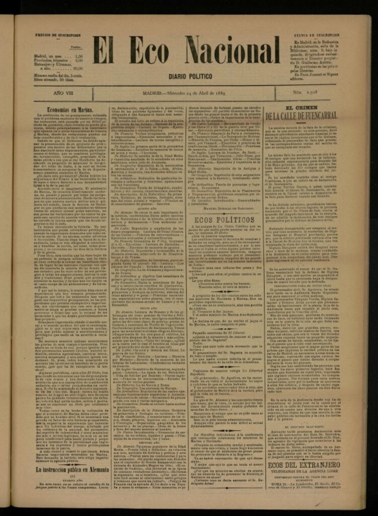 Miniatura de El Eco Nacional de 24 de abril de 1889, nº 2508