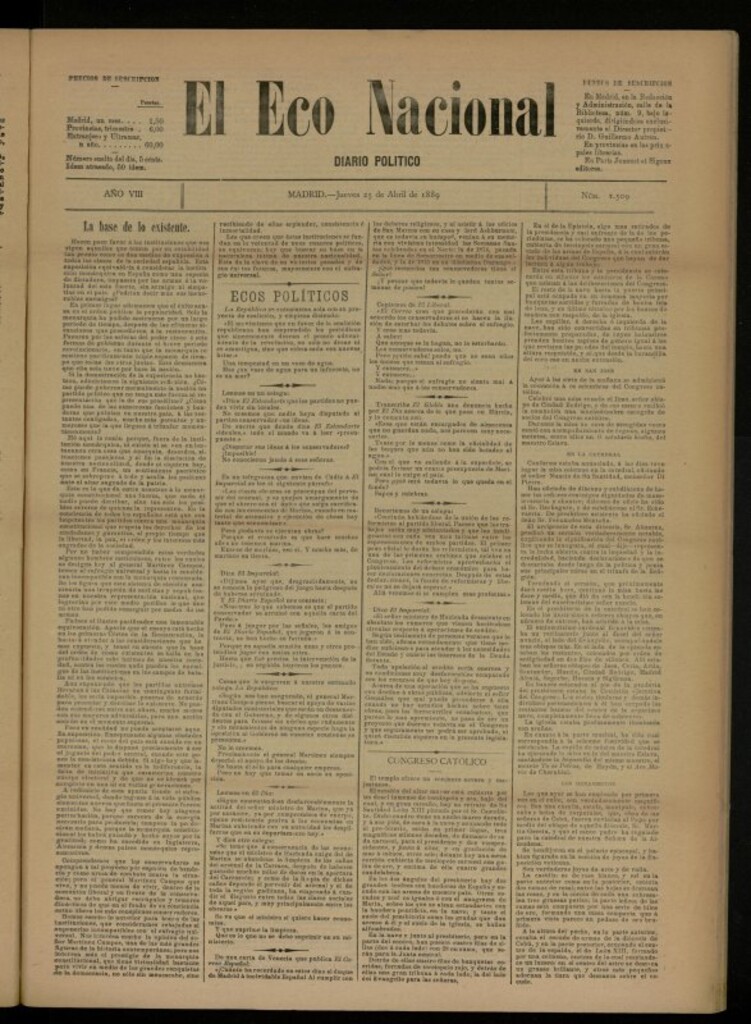 Miniatura de El Eco Nacional de 25 de abril de 1889, nº 2509