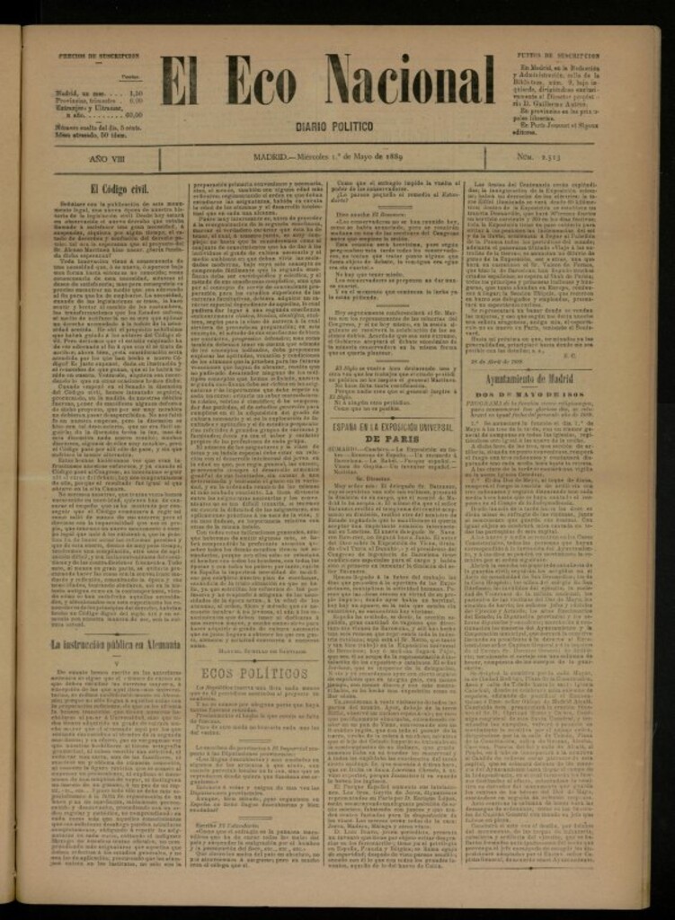 Miniatura de El Eco Nacional de 1 de mayo de 1889, nº 2513