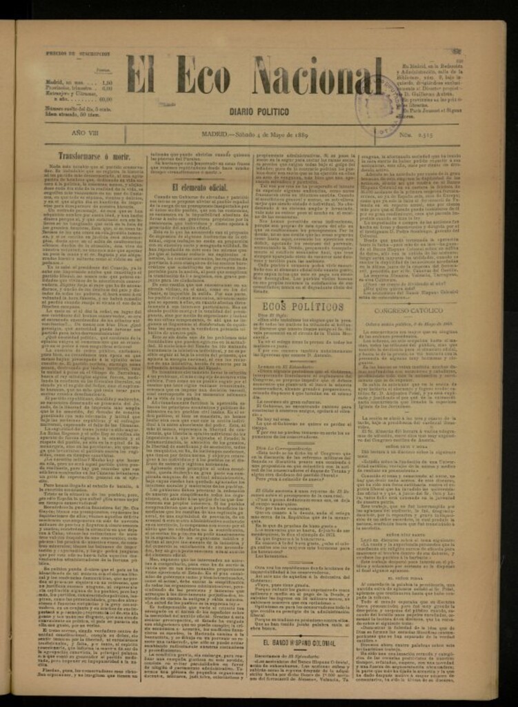 Miniatura de El Eco Nacional de 4 de mayo de 1889, nº 2515