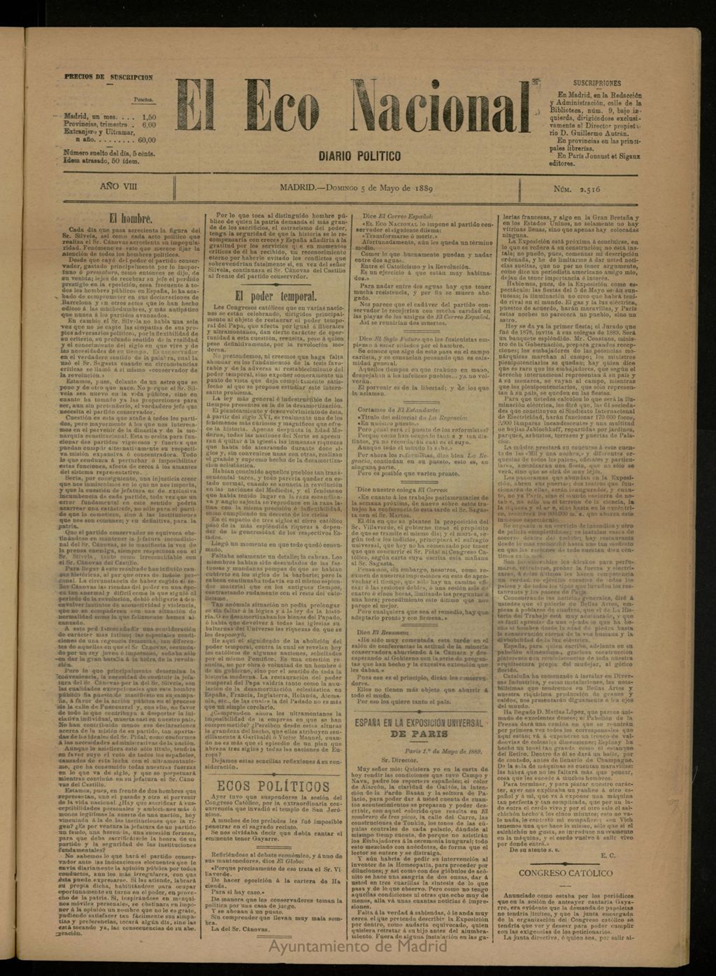 Miniatura de El Eco Nacional de 5 de mayo de 1889, nº 2516